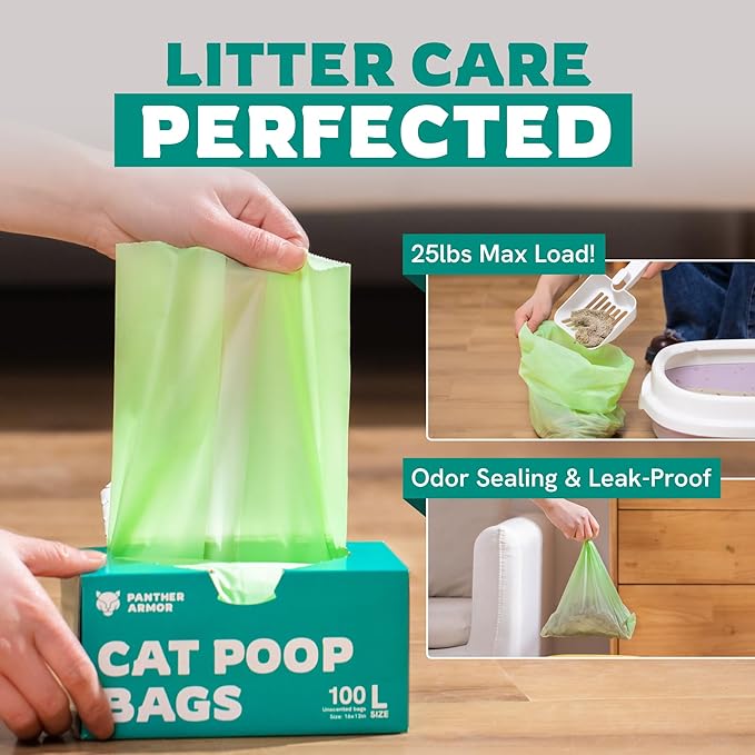 Panther Armor Cat Litter Bags, 100 Large Compostable Unscented Poop Bags - Image 2