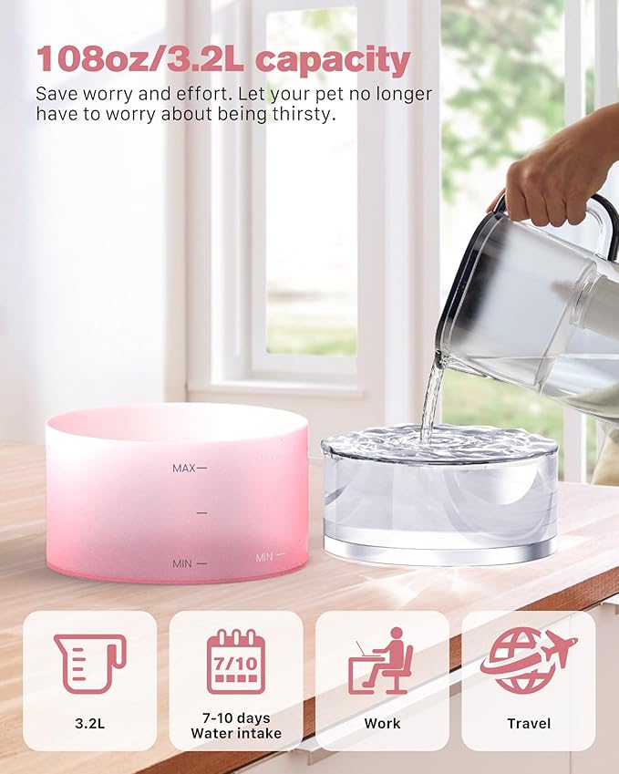 Pink Cat Water Fountain:108oz/3.2L Cat Fountain Super Silent Pet Water Fountain - Image 6