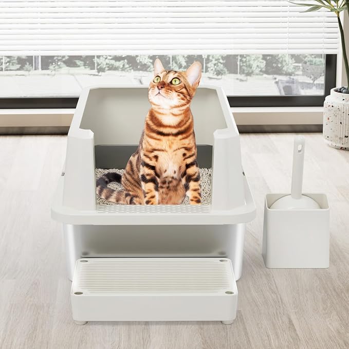 RIZZARI Open Cat Litter Box: Large Beige Stainless Steel Litter Pan 23.8" x - Image 6