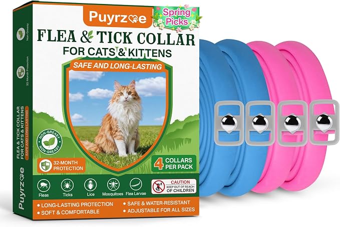 Flea Collar for Cats 4 Pack, Natural Cat Flea and Tick Prevention Collar by Puyrzoe