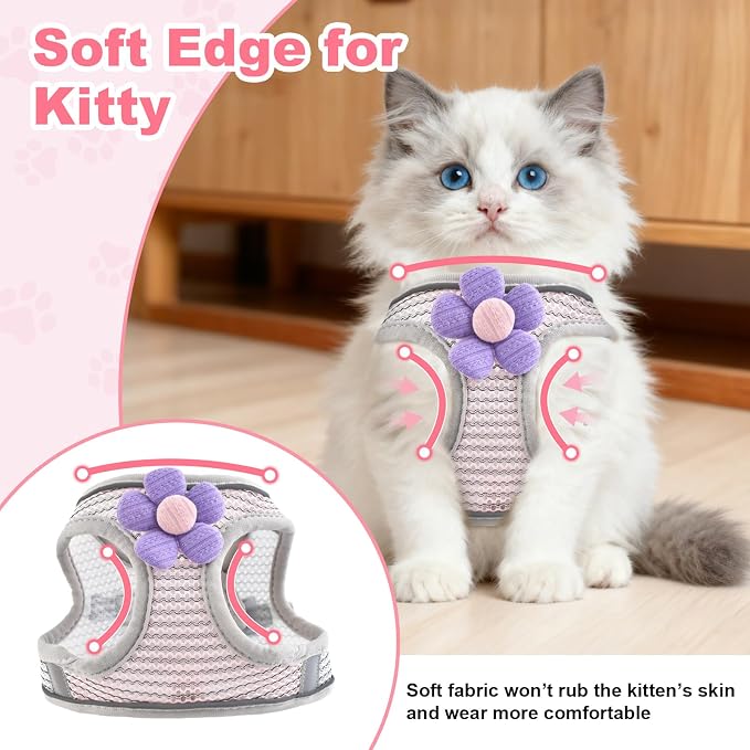 Escape Proof Cat Harness and Leash Set, Adorable Purple Floral Cats Vest Harness - Image 2