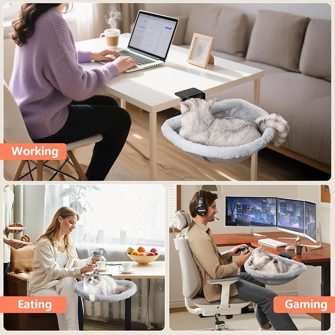 Stable Cat Desk Bed with Heavy-Duty Clamp | Sunken Hammock Design & Faux Rabbit - Image 7
