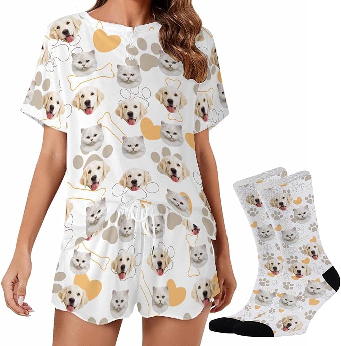 Custom Short Pajamas Set with Face Photo Women‘s Sleepwear Tee Personalized PJ by Jaydouble