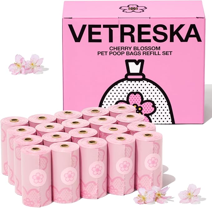 VETRESKA Cherry Blossom Scented Dog Poop Bags, Leak Proof, Extra Thick and by VETRESKA