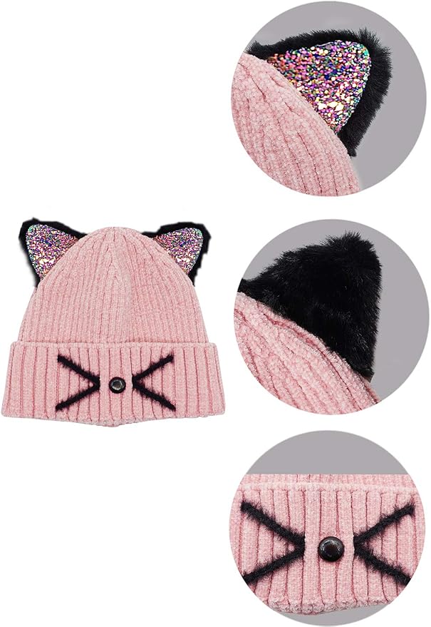 Bellady Mother Children Sequin Cat Ears Hats Warm Knit Crochet Beanies Cute - Image 6