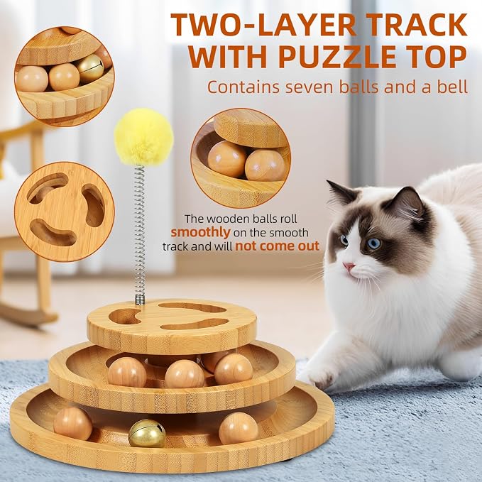 Cat Ball Track Toy with Puzzle Top, 3-Level Tower with 9 Removable Balls - Image 3