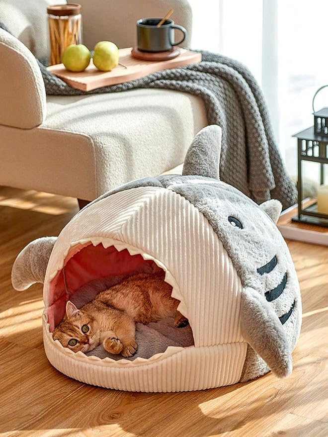 QWINEE Cat Mat Shark-Shaped Kennel Kitten Bed Hideout House Warm Soft - Image 2