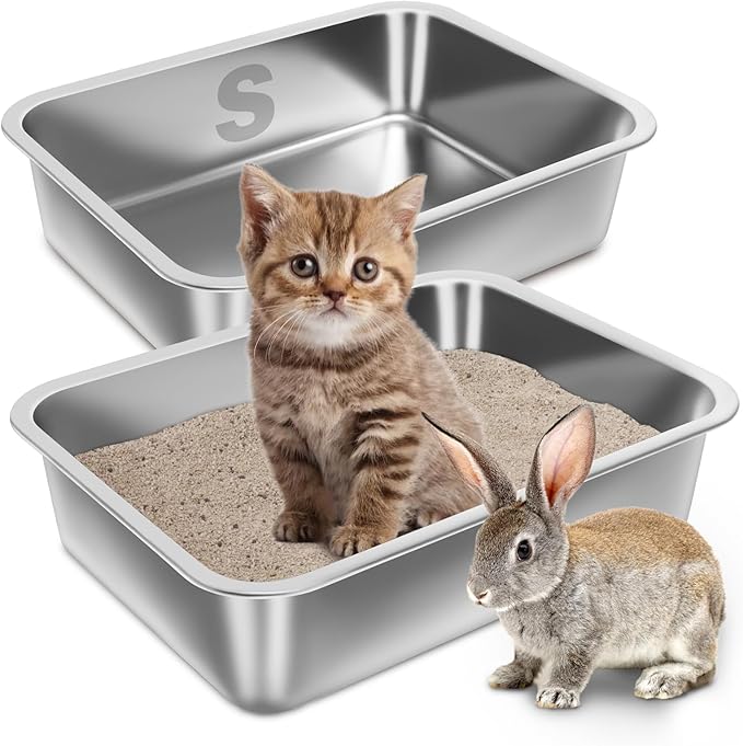 Stainless Steel Litter Box for Kitten 2 Pack, 15.7"×11.8"×4" Small Litter Box by Holintan