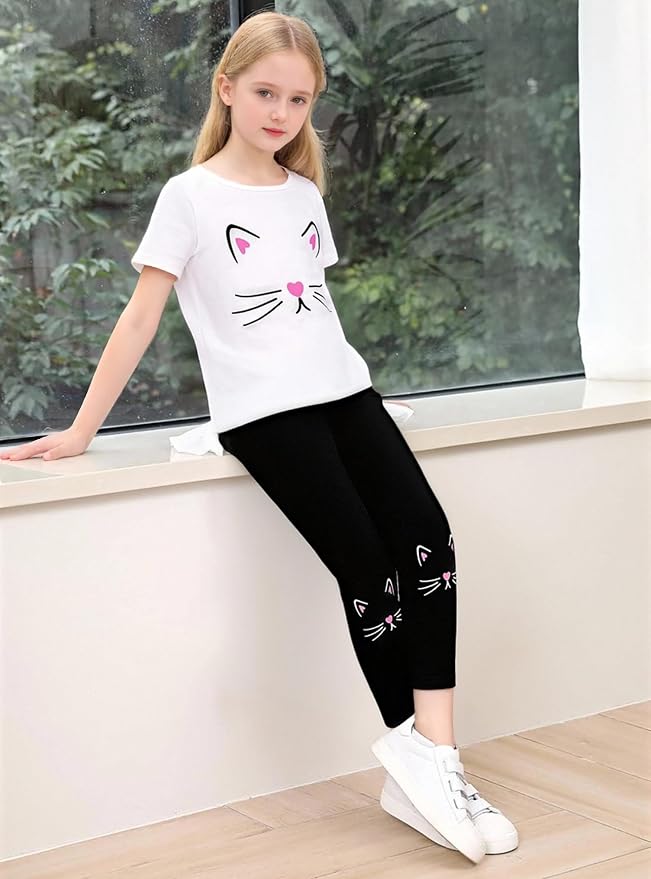 4-8T Toddler Girl Clothes Cat face print Short Sleeve Top+Pants Outfits Girl - Image 5