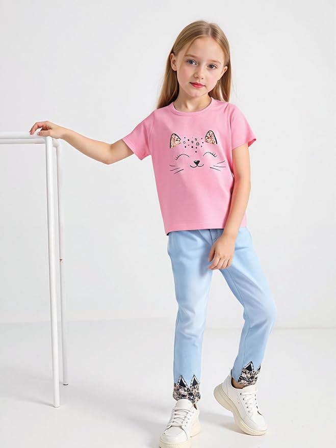 4-8T Toddler Girl Clothes Cat face print Short Sleeve Top+Pants Outfits Girl - Image 6