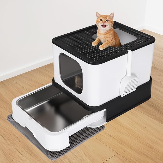 RIZZARI Stainless Steel Cat Box: Black Covered Litter Pan - Image 2
