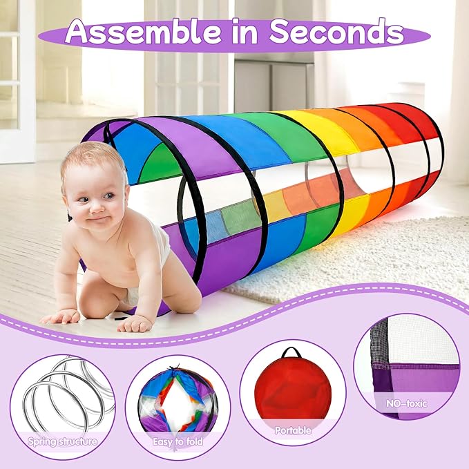 Kids Play Tunnel for Toddlers, Large 21" Colorful Rainbow Pop Up Crawl Through - Image 3