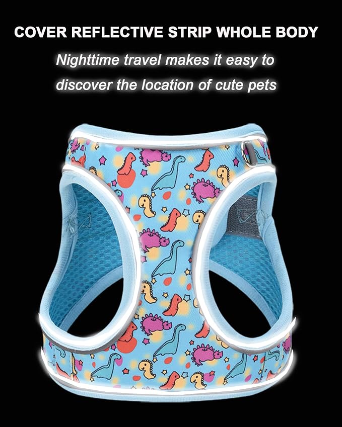 XS Blue Dinosaur Pattern Dog Harness and Leash Set, No Escape Puppy Harnesses - Image 5