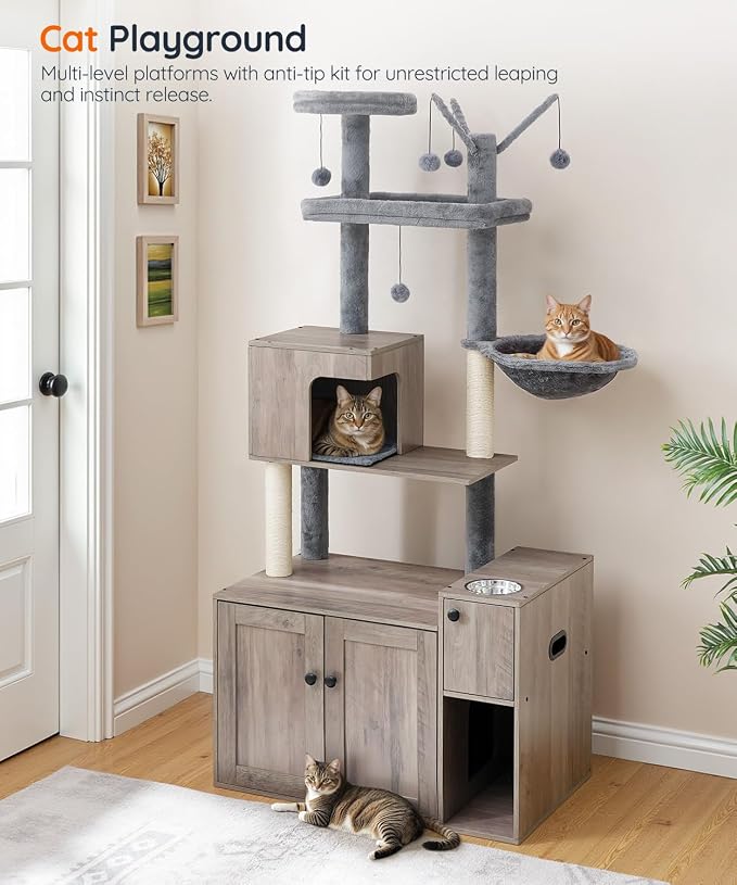 HOOBRO Cat Tree with Litter Box Enclosure, 68.9" H Cat Tower with Food Bowl and - Image 3