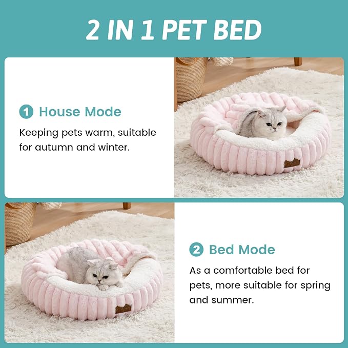 Cat Bed with Hooded Blanket, Round Fluffy Anti-Anxiety Pet Bed - Image 3