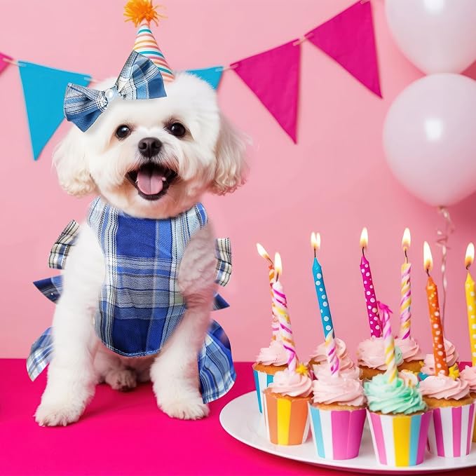 PETCARE Cute Dog Dress Clothes for Small Dogs Cats Girl Female Blue Plaid Bow - Image 6