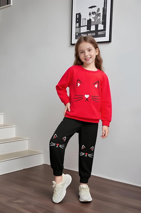 4-8T Toddler Girl Clothes Cat face print Short Sleeve Top+Pants Outfits Girl - Image 2