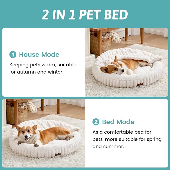 Small Dog Bed with Hooded Blanket, Round Fluffy Anti-Anxiety Pet Bed - Image 3