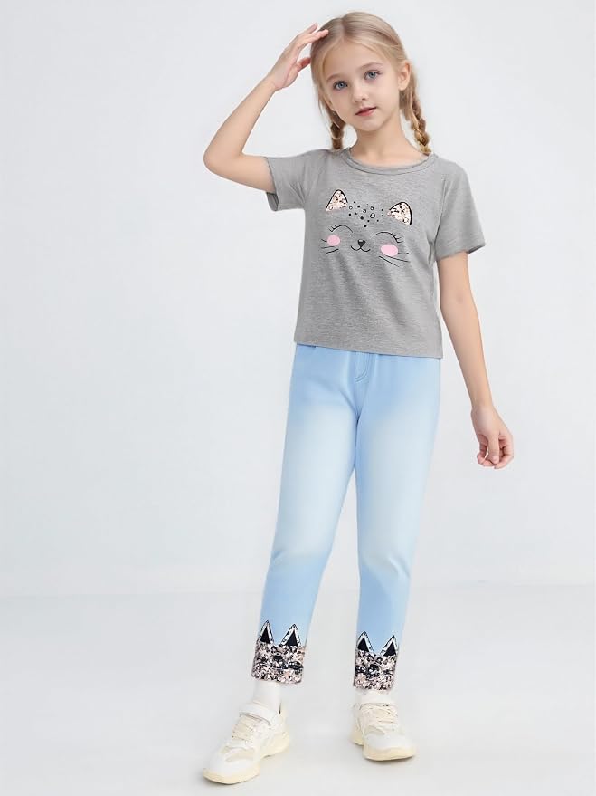 4-8T Toddler Girl Clothes Cat face print Short Sleeve Top+Pants Outfits Girl - Image 2