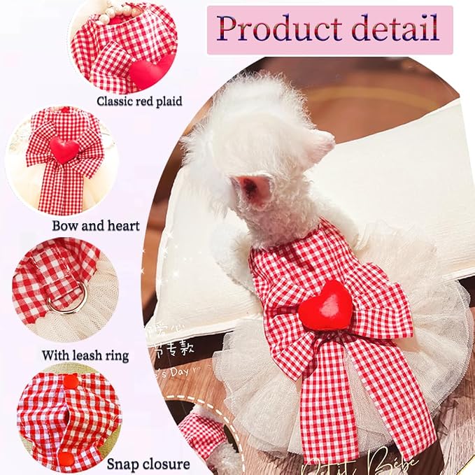 Plaid Small Dog Dress with Leash Ring Valentines Cat Outfit Dog Tutu Princess - Image 3