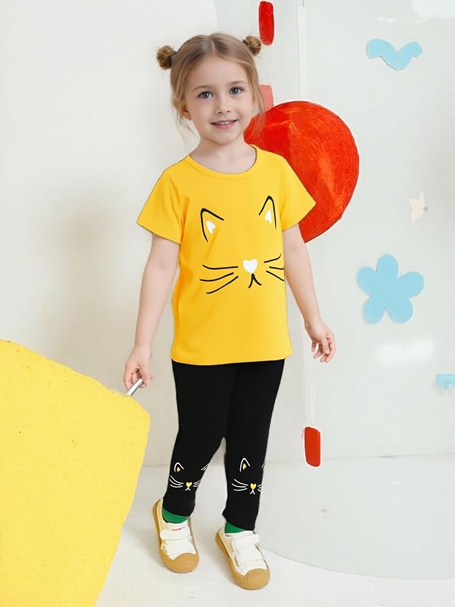 4-8T Toddler Girl Clothes Cat face print Short Sleeve Top+Pants Outfits Girl - Image 5