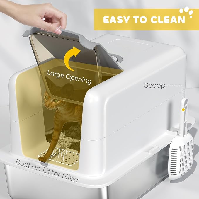 PawHut Stainless Steel Cat Litter Box, Extra Large 2 in 1 Metal Kitty Litter Pan - Image 4