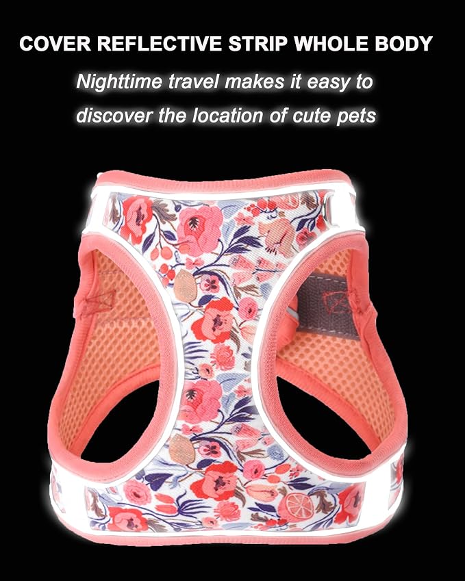 S Peach Flower Pattern Dog Harness and Leash Set, No Escape Puppy Harnesses - Image 5