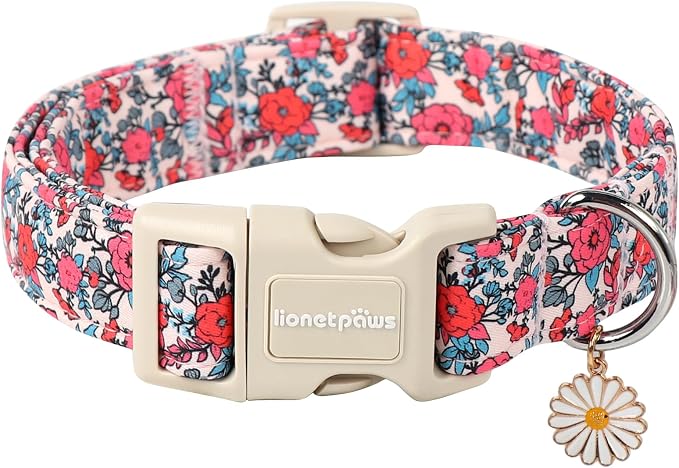Lionet Paws Floral Dog Collar- Cute Red Pink Flower Dog Collars by lionetpaws