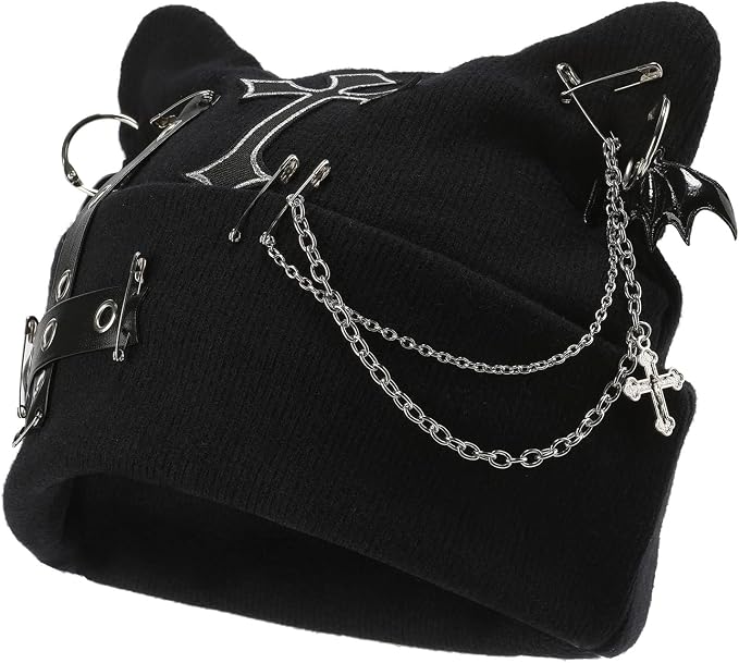 Goth Cat Beanie Goth Hat Accessories Punk Cat Ear Beanie Hat by Unknown