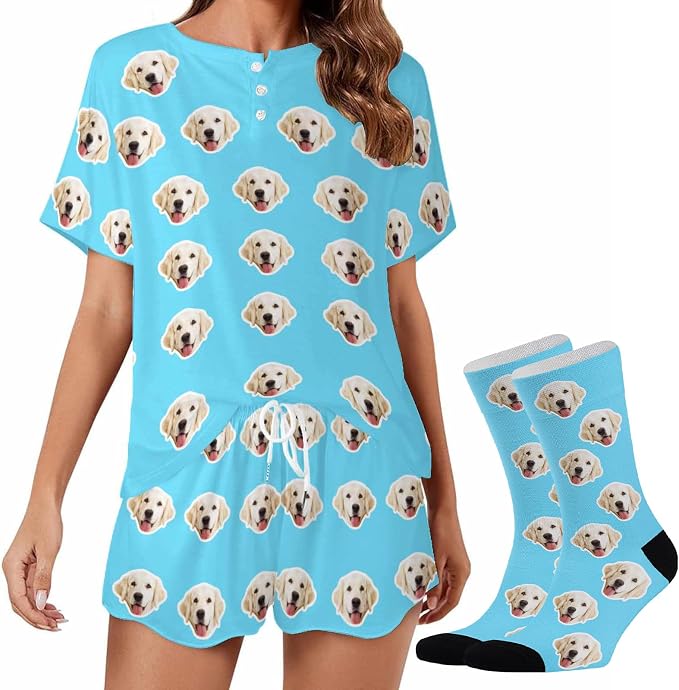 Custom Short Pajamas Set with Face Photo Women‘s Sleepwear Tee Personalized PJ by Jaydouble