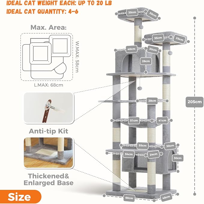 PAWZ Road Heavy Duty Cat Tree for Large Cats, 81 Inches Tall Cat Tower - Image 6