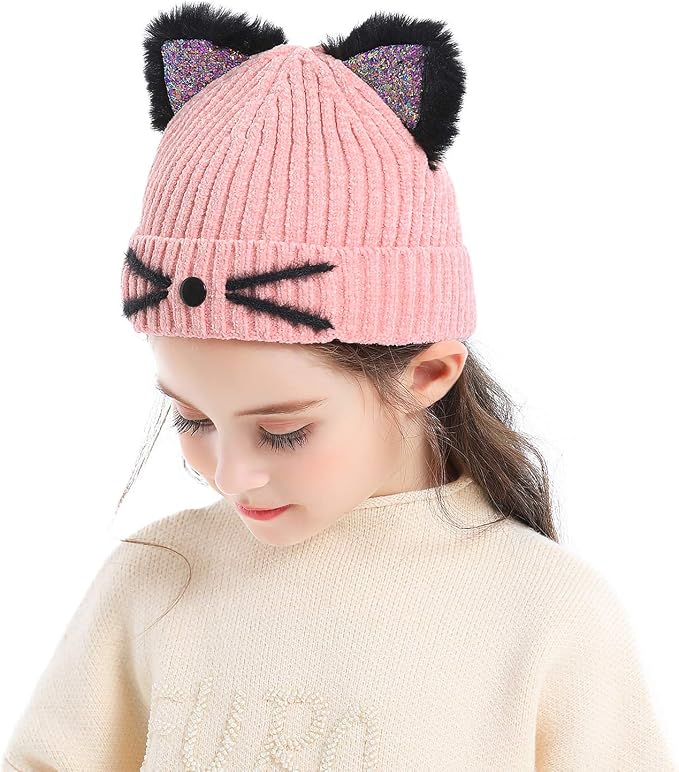 Bellady Mother Children Sequin Cat Ears Hats Warm Knit Crochet Beanies Cute - Image 2