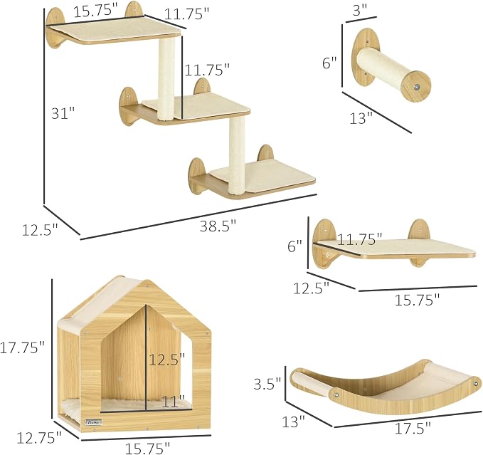 PawHut 8Pcs Wall Mounted Cat Tree Cat Shelf Set, Wall Furniture - Image 7