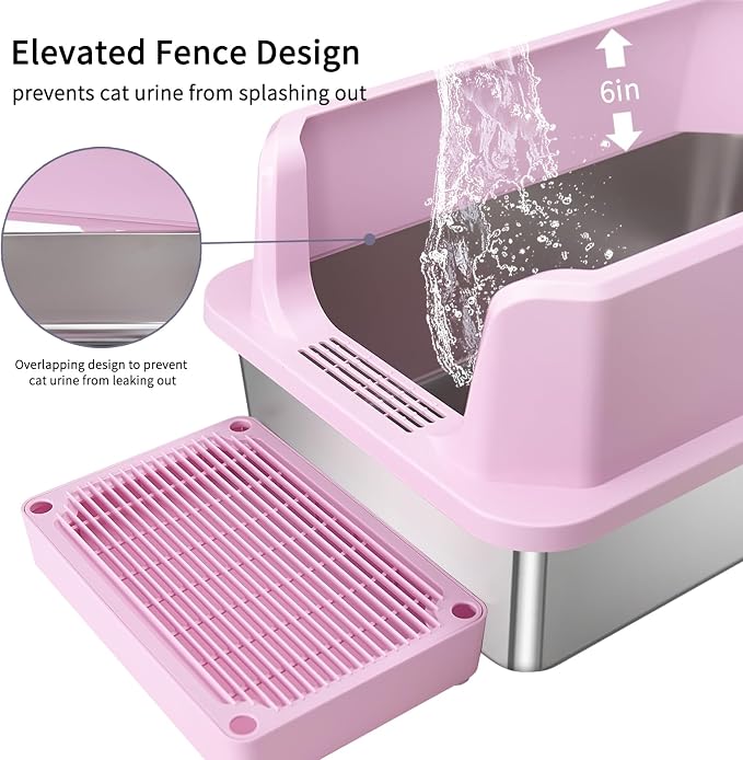 RIZZARI Open Cat Litter Box: Large Pink Stainless Steel Litter Pan - Image 5