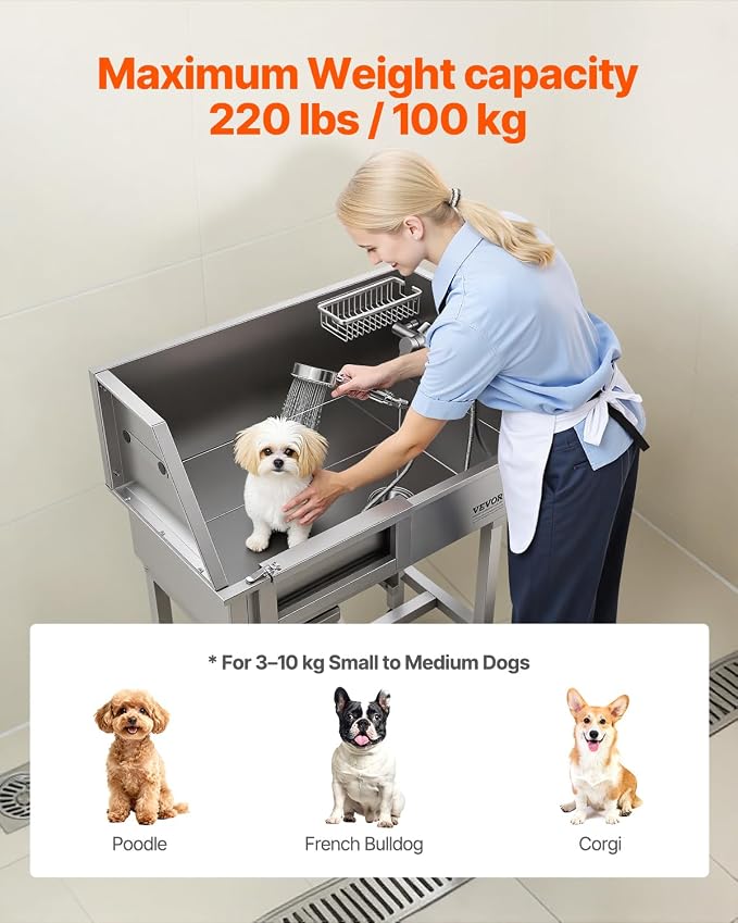 VEVOR 34" Dog Washing Station Professional Stainless Steel Pet Grooming Tub Bathtub Dog Wash Sink with Shower Faucet Soap Holder Non-Slip Stairs Easy-Clean for Small Dogs Cats Left Door - Image 4