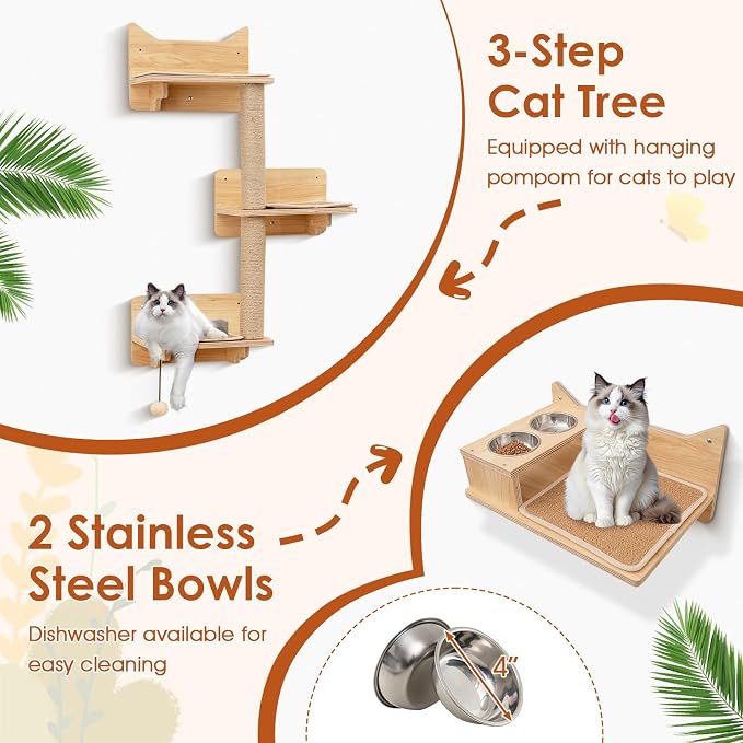 Tangkula Cat Wall Shelves, 6 Pieces Wooden Wall Mounted Kitten Furniture Set - Image 5