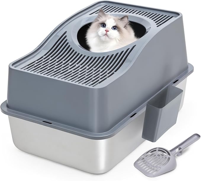 Top Entry Cat Litter Box with Lid, Stainless Steel Enclosed Cat Kitty Litterbox by Kettnjoy