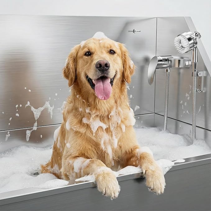 38" Stainless Steel Dog Washing Station - 304 Seamless Soaking Tub for Small & Medium Dogs, Non-Slip & Leak-Proof Pet Grooming Sink with Bottom Storage Shelf & Hair Catcher for Home & Spa - Image 6