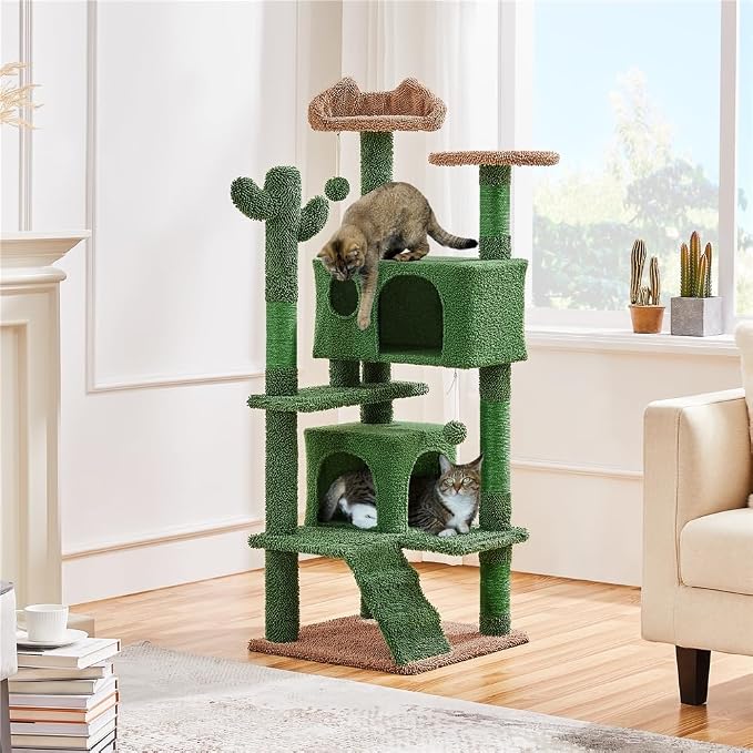 Yaheetech Cactus Cat Tree, 54.5in Tower w/Ramp, Animal-Ear Shaped Perch - Image 2