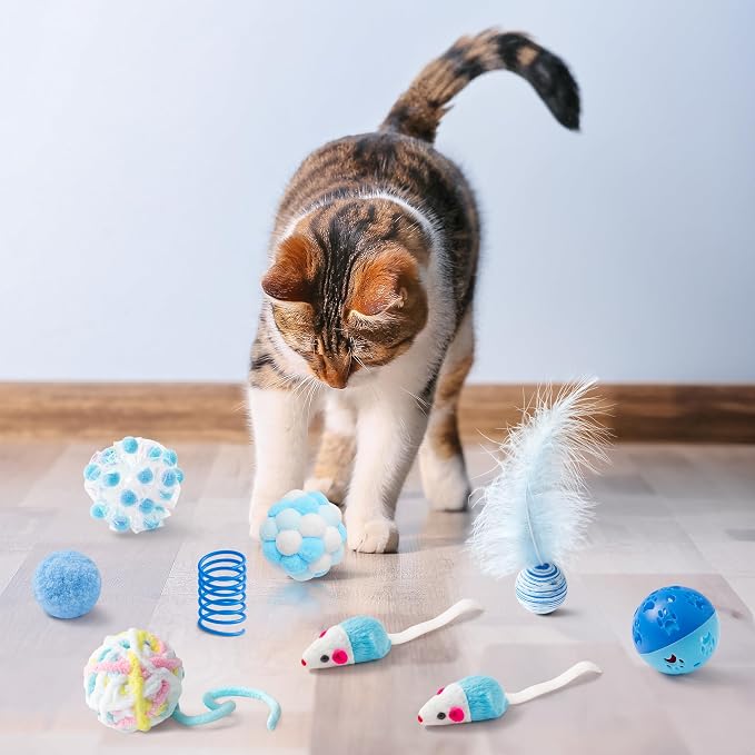 MALLMALL6 10Pcs Cat Toy Set Including Cat Springs Feather Teaser Wand Mice - Image 5