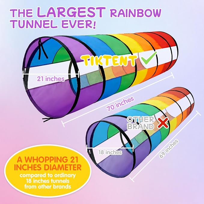 Kids Play Tunnel for Toddlers, Large 21" Colorful Rainbow Pop Up Crawl Through - Image 2