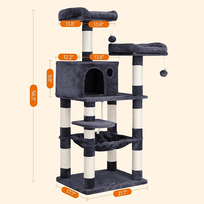 Feandrea Cat Tree, 56.3-Inch Cat Tower, 2 Perches, Smoky Gray UPCT15GYZ - Image 6