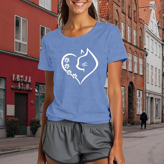Cat Shirts for Women Cat Mom Tshirts Pet Lover Shirt Cats Paw Print Tee Tops - Image 5