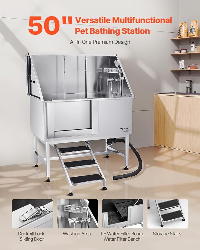 VEVOR Stainless Steel Dog Washing Station, Professional 50 inch Pet Grooming Tub w/Stairs, PE Water Filter Board, Faucet & Showerhead & Soap Holder Bathtub for Large & Medium & Small Pets (Left Door) - Image 2
