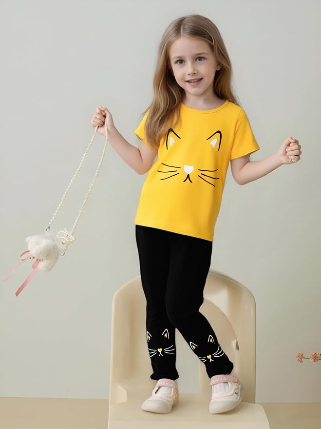 4-8T Toddler Girl Clothes Cat face print Short Sleeve Top+Pants Outfits Girl - Image 3