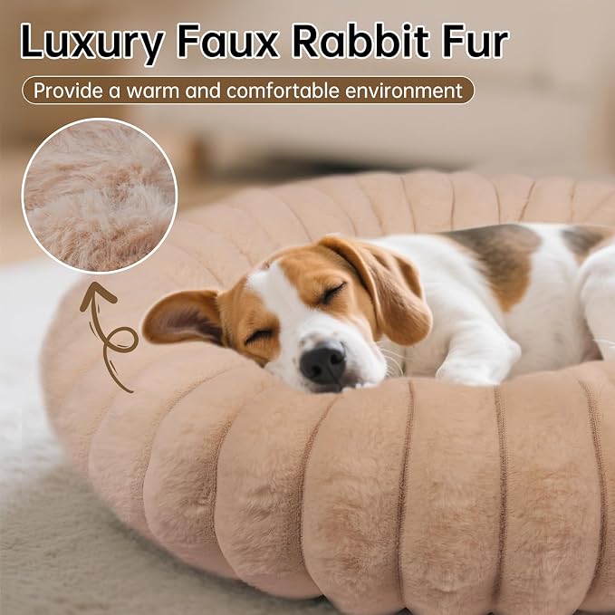 Donut Dog and Cat Bed, Luxurious Comfortable Faux Rabbit Fur Pet Beds, Round - Image 3