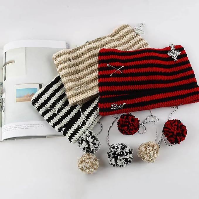 Y2k Beanies Crochet Knitted Cat Hats Goth Cross Devil Hat Striped Alt Emo - Image 8