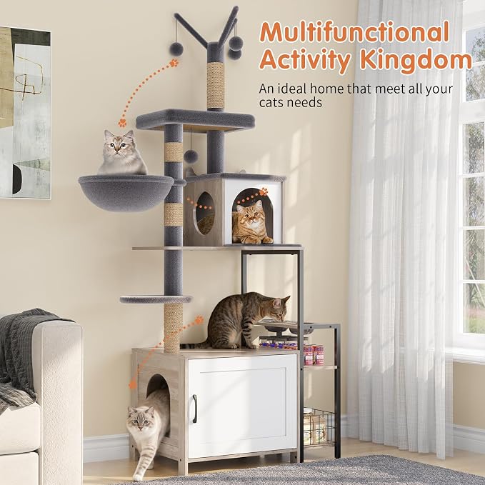 Cat Tree with Food Station and Litter Box Enclosure, Plush Hammock in Gray - Image 2