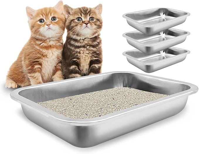 Fhiny 4Pack Stainless Steel Kitten Litter Box, Small Size Low Entry Metal Cat by Fhiny