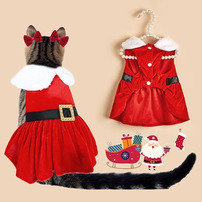 Dog Christmas Red Velvet Dress Cute Puppy Xmas Outfits Santa Claus Cat Skirt - Image 4